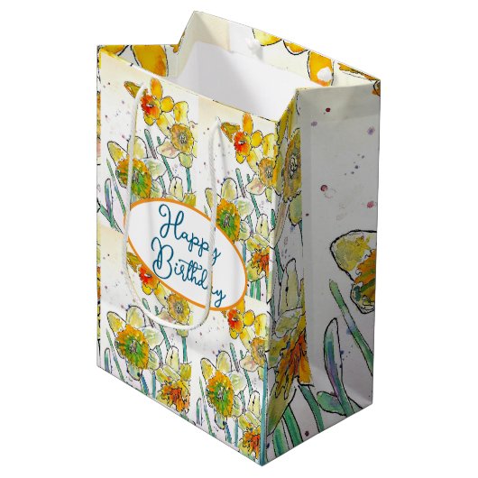 Geel Daffodil Daffodils bloem Waterverf Medium Cadeauzakje (Voorkant Gekanteld)