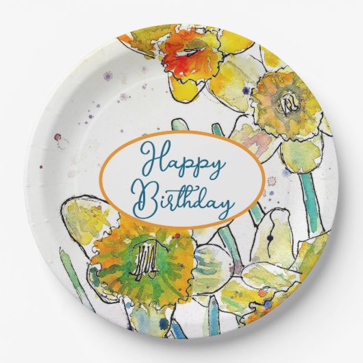 Geel Daffodil Daffodils bloem Waterverf Papieren Bordje (Voorkant)