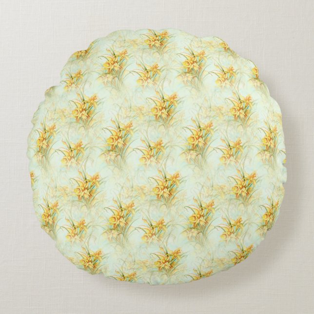  geel Daffodil Floral Rond Kussen (Voorkant)