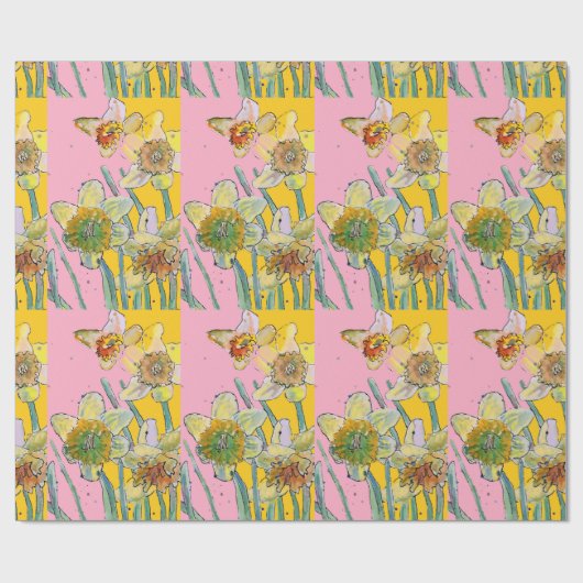 Geel Daffodil Roze Lente Waterverf Wra Cadeaupapier (Vlak)