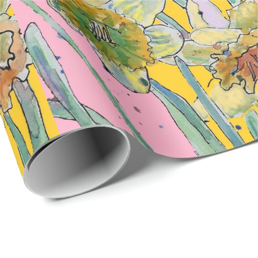 Geel Daffodil Roze Lente Waterverf Wra Cadeaupapier (Rol Hoek)