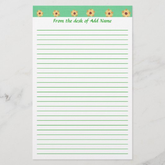Geel Daisy Flower Pattern Green Lined Stationery Briefpapier (Voorkant)
