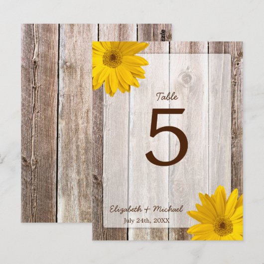 Geel Daisy Rustic Barn Wood Trouwtafel Nummer Briefkaart (Voorkant / Achterkant)