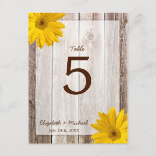 Geel Daisy Rustic Barn Wood Trouwtafel Nummer Briefkaart