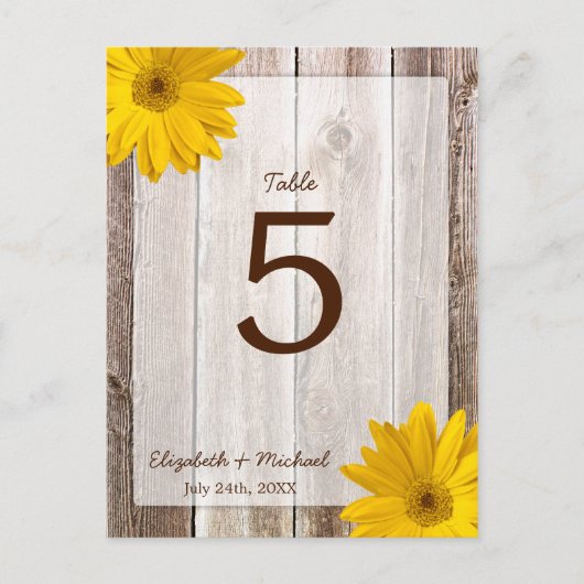 Geel Daisy Rustic Barn Wood Trouwtafel Nummer Briefkaart (Voorkant)