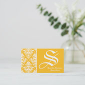 Geel Damask Modern Monogram Visitekaartje (Staand voorkant)