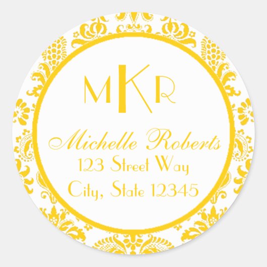 Geel Damask Rond Terugkeeradresetiket Ronde Sticker (Voorkant)