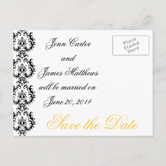 Geel Damask Save the Date Wedding Aankondiging (Achterkant)