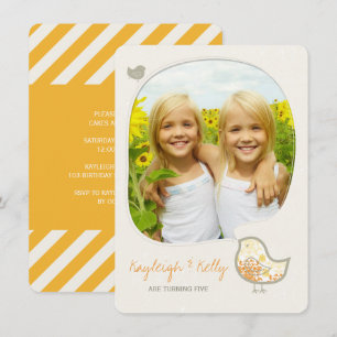 Geel Damask Vogel Tweeling Meisjes Foto Verjaardag Kaart