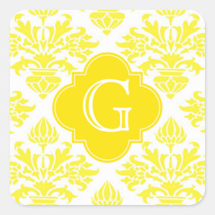 Geel Damask Yellow Quatrefoil Monogram Vierkante Sticker