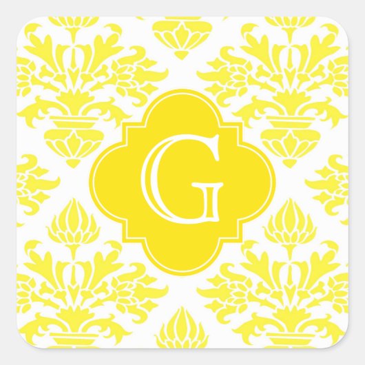 Geel Damask Yellow Quatrefoil Monogram Vierkante Sticker (Voorkant)
