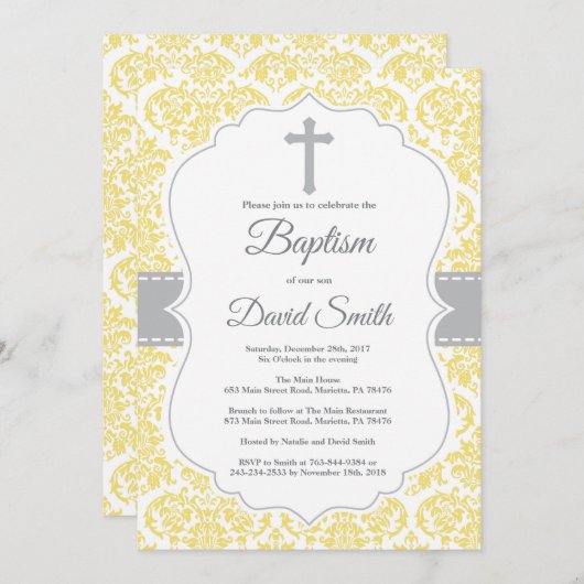 Geel Damast Kruis Doop Uitnodiging (Voorkant / Achterkant)