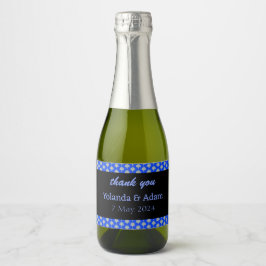 Geel damast patroon blauwe bruiloft sparkling wijnetiket