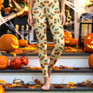 Geel dambord kersenpompoenenpatroon leggings