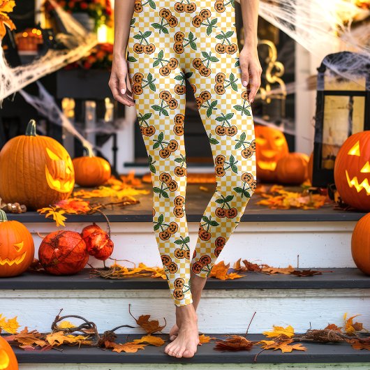 Geel dambord kersenpompoenenpatroon leggings