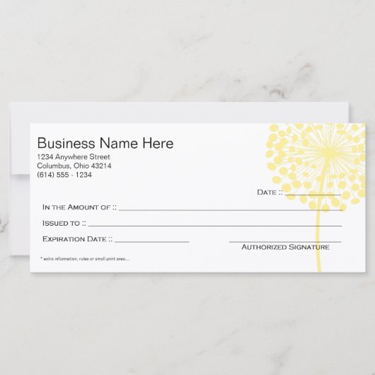 Geel Dandelion Flower Gift Certificate Design 3 (Voorkant)
