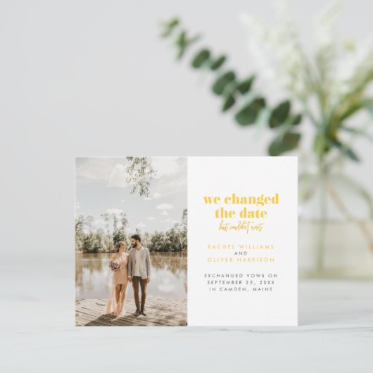 Geel dat we de datum veranderden, maar kon niet wa aankondigingskaart (Staand voorkant)