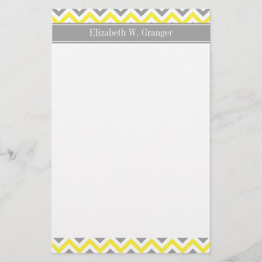 Geel Dk Gray White LG Chevron Gray Name Monogram Briefpapier (Voorkant)