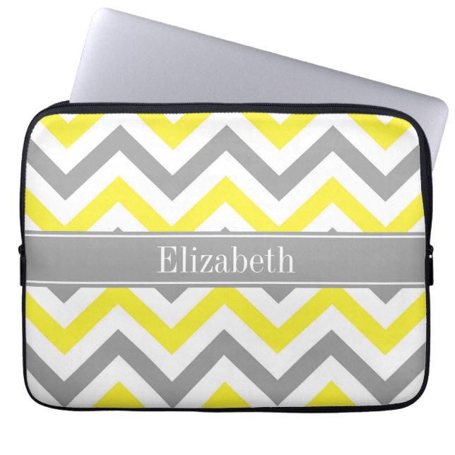 Geel Dk Gray White LG Chevron Gray Name Monogram Laptop Sleeve (Voorkant)