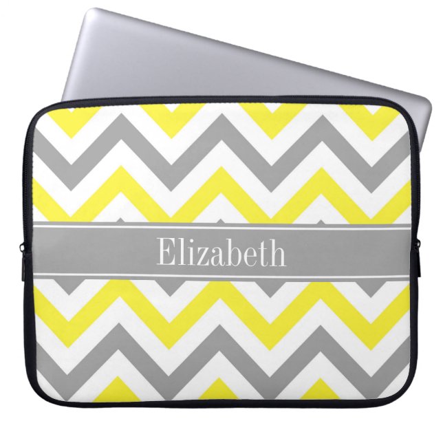 Geel Dk Gray White LG Chevron Gray Name Monogram Laptop Sleeve (Voorkant)