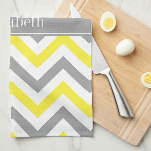 Geel Dk Gray White LG Chevron Gray Name Monogram Theedoek (Quarter Fold)