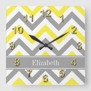 Geel Dk Gray White LG Chevron Gray Name Monogram Vierkante Klok