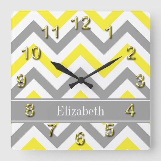 Geel Dk Gray White LG Chevron Gray Name Monogram Vierkante Klok (Voorkant)