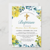 Geel Donkerblauw Bloemen Gouden Kruis Doop Kaart (Voorkant)