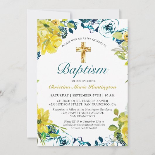  Geel Donkerblauw Bloemen Gouden Kruis Doop Kaart (Voorkant)