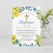 Geel Donkerblauw Bloemen Gouden Kruis Doop Kaart (Staand voorkant)