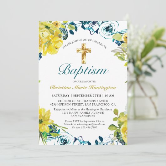 Geel Donkerblauw Bloemen Gouden Kruis Doop Kaart (Staand voorkant)