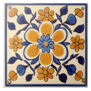 Geel & Donkerblauw Bloemen Mediterraan Tegeltje