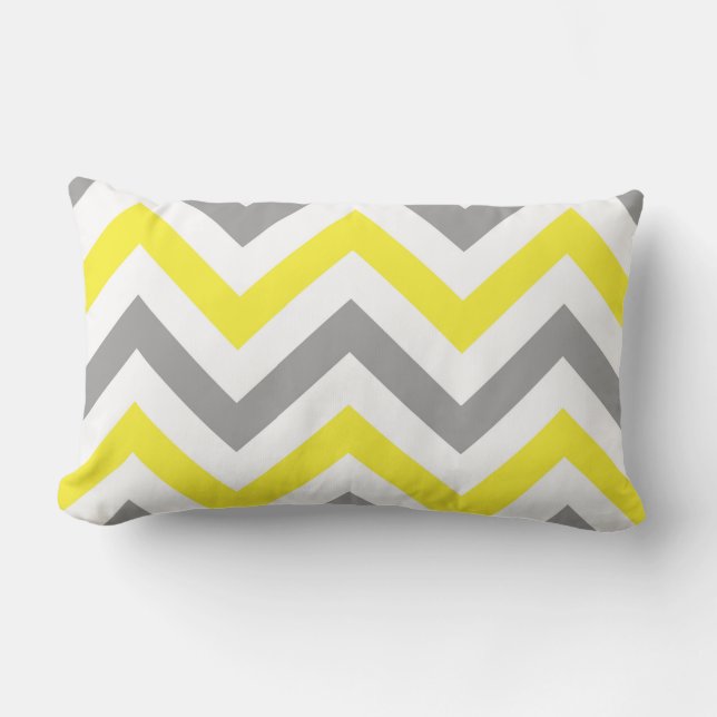 Geel, Donkergrijs Wit Groot Chevron ZigZag Patroon Kussen (Voorkant)
