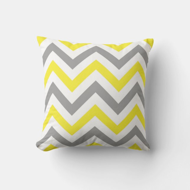 Geel, Donkergrijs Wit Groot Chevron ZigZag Patroon Kussen (Voorkant)