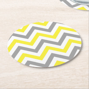 Geel, Donkergrijs Wit Groot Chevron ZigZag Patroon Ronde Kartonnen Onderzetter
