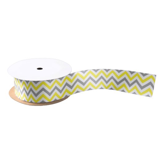 Geel, donkergrijs wit groot Chevron ZigZag patroon Satijnen Lint (Spoel)