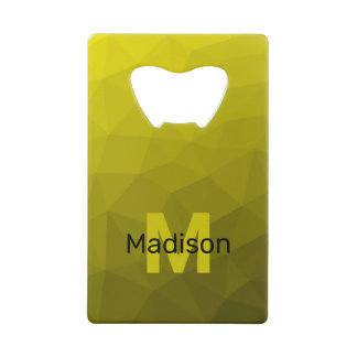 Geel donkerombre geometrisch maaspatroon Monogram Creditkaart Flessenopener