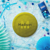 Geel donkerombre geometrisch maaspatroon Monogram Papieren Bordje (Feest)