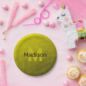 Geel donkerombre geometrisch maaspatroon Monogram Papieren Bordje (Feest)