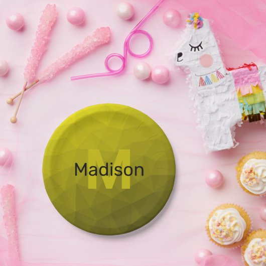 Geel donkerombre geometrisch maaspatroon Monogram Papieren Bordje (Feest)