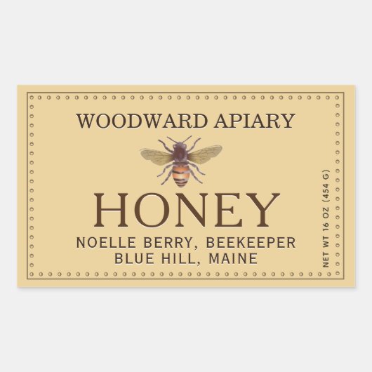 Geel dubbelgrenshoningetiket met Honingbij Rechthoekige Sticker (Voorkant)