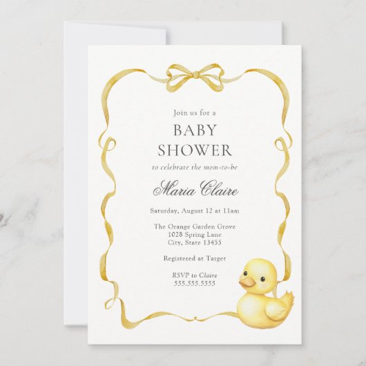 Geel Ducky en linten Baby shower Kaart (Voorkant)