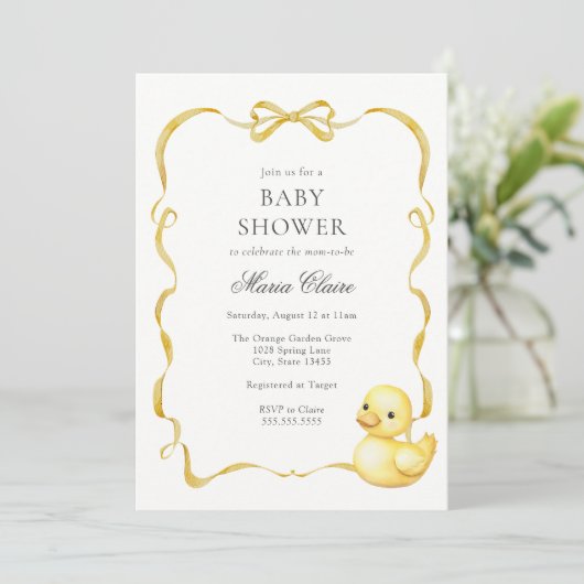 Geel Ducky en linten Baby shower Kaart (Staand voorkant)