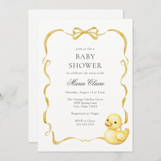 Geel Ducky en linten Baby shower Kaart (Voorkant / Achterkant)