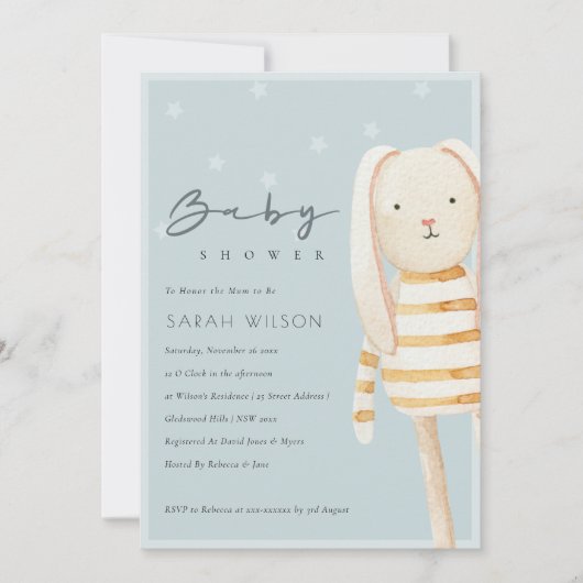 Geel Dusky Blue Gray Bunny Baby shower Invite Bedankkaart (Voorkant)