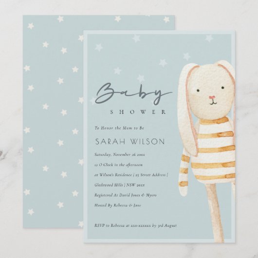 Geel Dusky Blue Gray Bunny Baby shower Invite Bedankkaart (Voorkant / Achterkant)