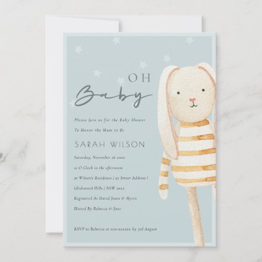 Geel Dusky Blue Gray Bunny Oh Baby shower Invite Bedankkaart (Voorkant)