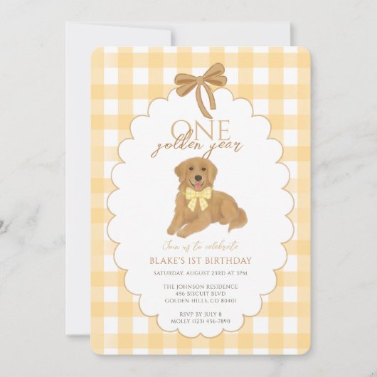Geel Een Gouden Jaar Puppy Eerste Verjaardagsfeest Kaart (Voorkant)