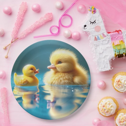 Geel eendje met een Speelgoed-rubberen eend Papieren Bordje (Feest)