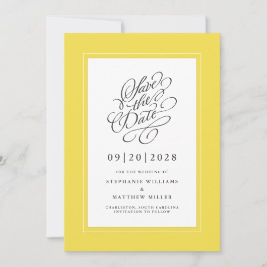 Geel Elegant Trouwkaart Calligrafie Script Chic Save The Date (Voorkant)